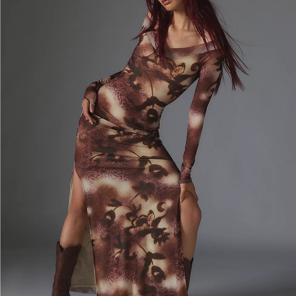 Silence + Noise Dylan Off the Shoulder Maxi Sz.S Brown Floral Dress